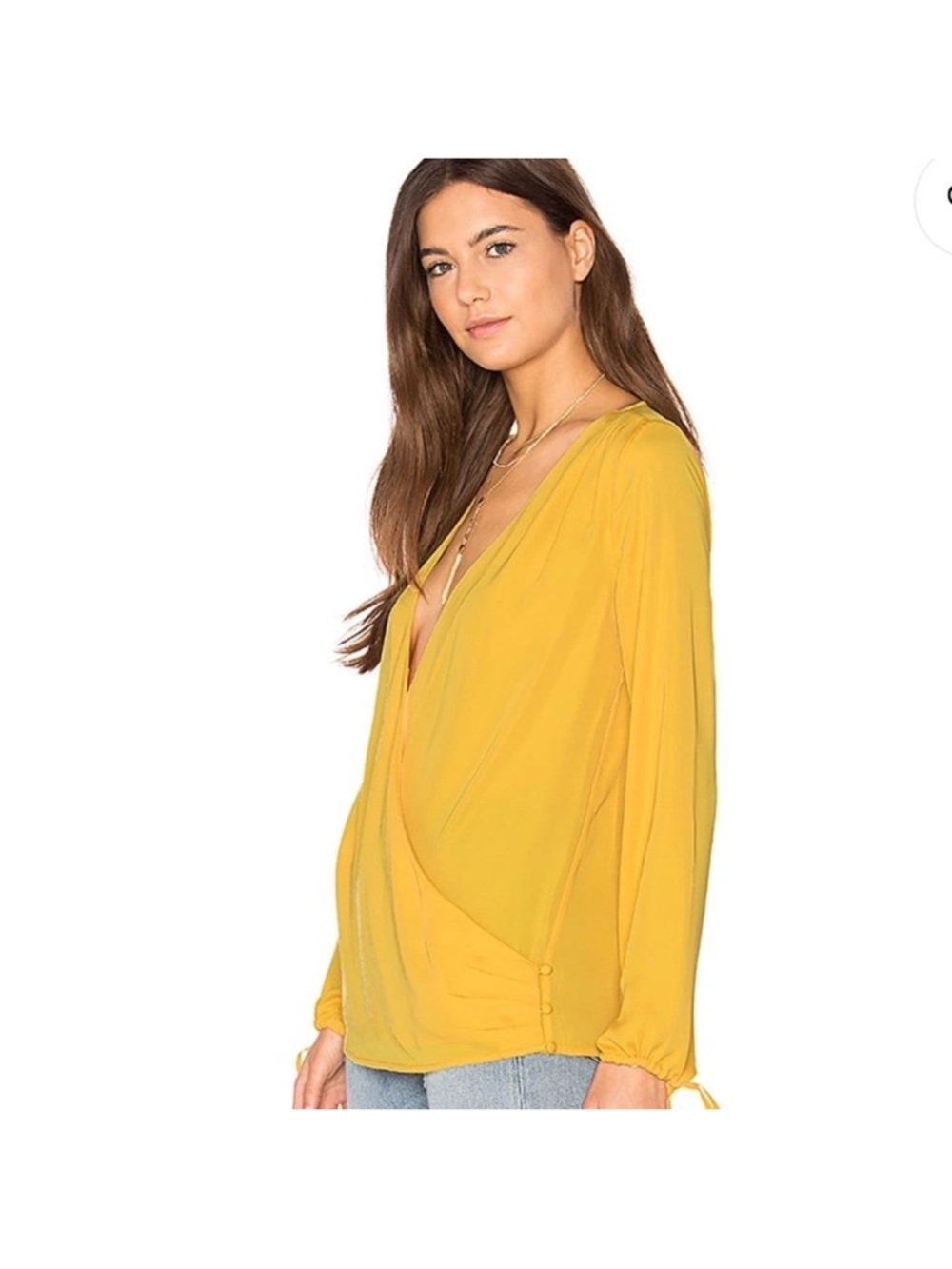 L’Academie Revolve Draped Surplice Deep V Blouse Small Golden Mustard Wrap Top